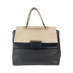 Furla Colorblock Leather Satchel Bag Black Cream Top Handle Crossbody Italy